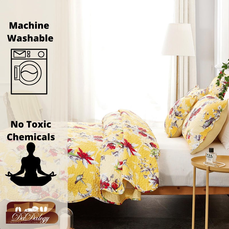 DaDa Bedding Radiant Sunshine Yellow Floral Bedspread Set - Hummingbirds Farmhouse Red Flowers Garden Quilted Coverlet - Scalloped Edges Bright Vibrant Multi-Colorful - Cal King - 3-Pieces - Image 2